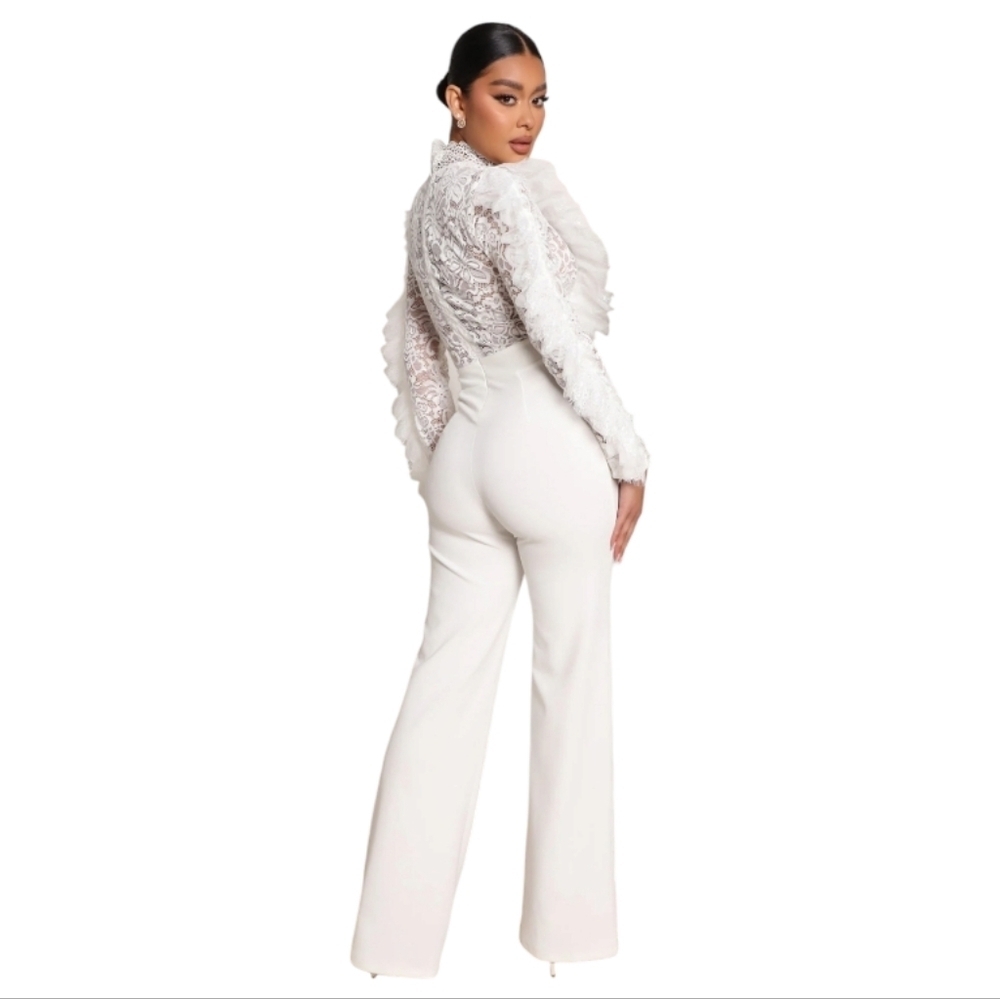 Fashion Nova White "In My Shadow" Lace Top Wide Leg Pant Jumpsuit, Sz L - Picture 3 of 9